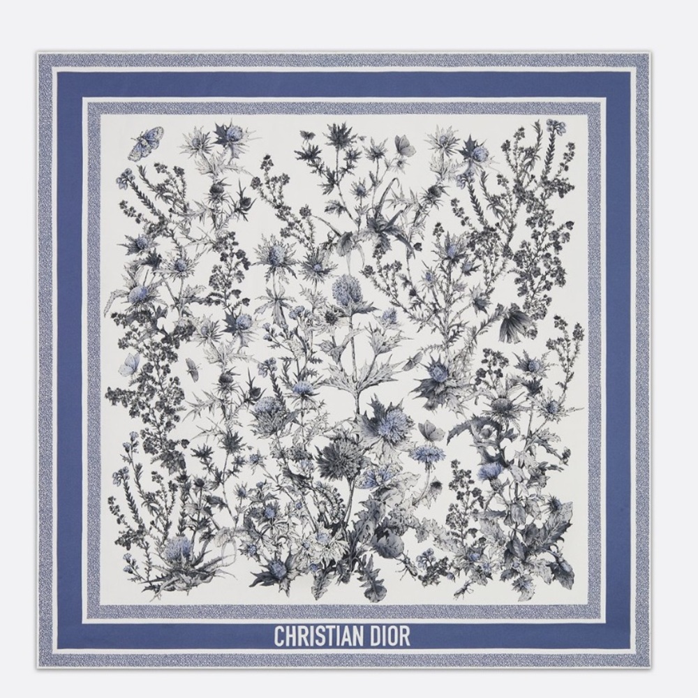 Dior Chardons 90 Square Scarf White & Blue Silk Twill - New With Tags NWT